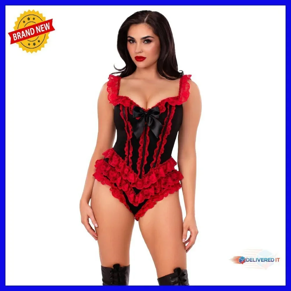 Boned Ruffle Bodysuit Sweetheart Neckline Lace Trim XS-XL